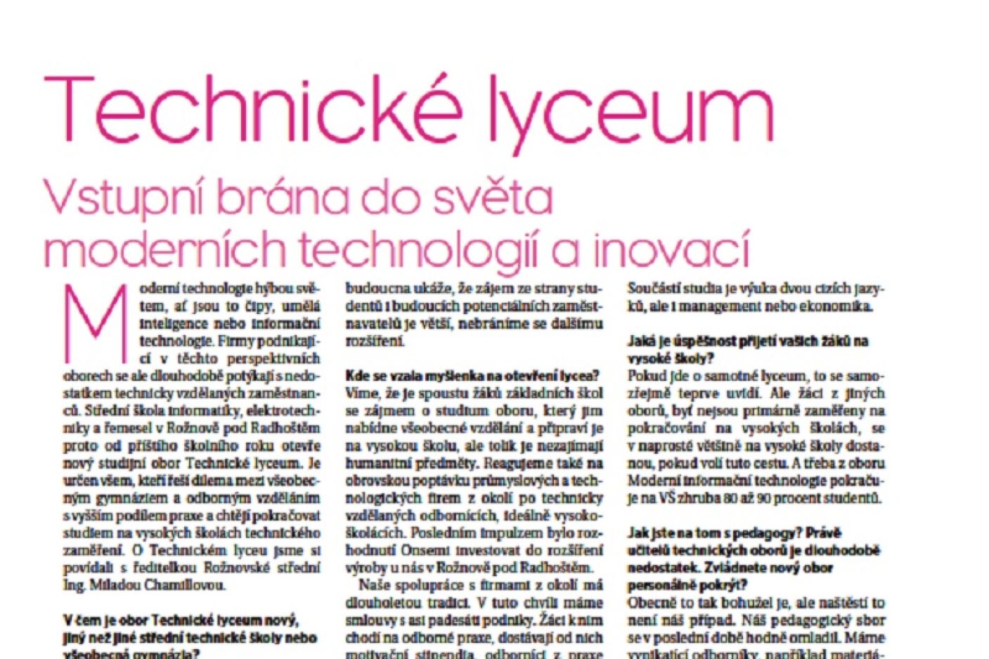  Technické lyceum - vstupní brána do světa moderních technologií a inovací